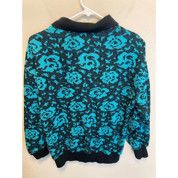 Carreau 80's Vintage Blue Floral Collared 80’s Long Sleeve Sweater Size Medium - Picture 8 of 8